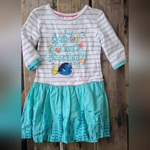 Vintage DISNEY STORE FINDING NEMO SZ 4Y VGUC TEAL WHITE STRIPE DORY l/s dress